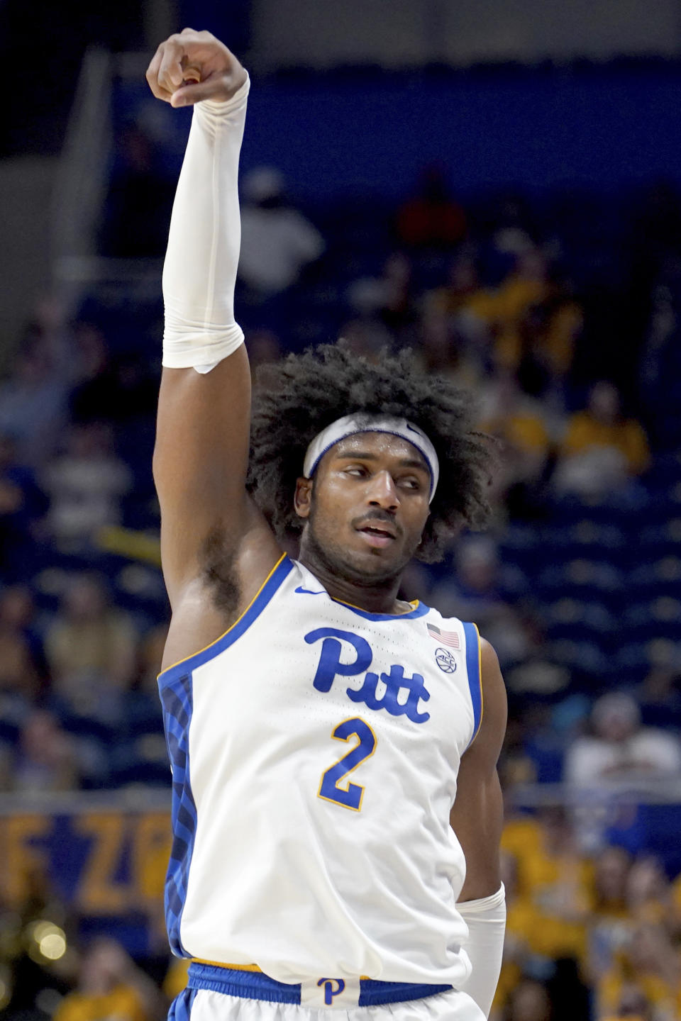 Pittsburgh's Blake Hinson (2) reacts after hitting a 3-point shot during the second half of an NCAA college basketball game against Florida State Tuesday, March 5, 2024, in Pittsburgh. (AP Photo/Matt Freed)