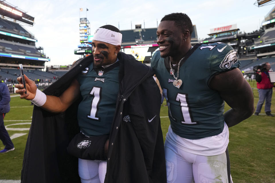 Jalen Hurts and A.J. Brown led the Eagles and fantasy managers to another win. (Photo by Mitchell Leff/Getty Images)