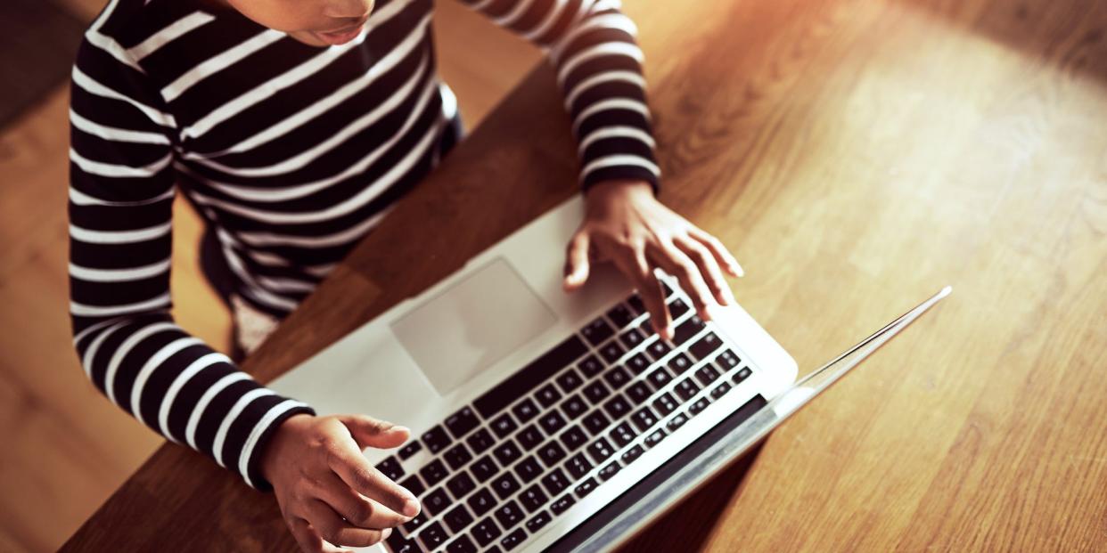 stock image Black girl online learning laptop