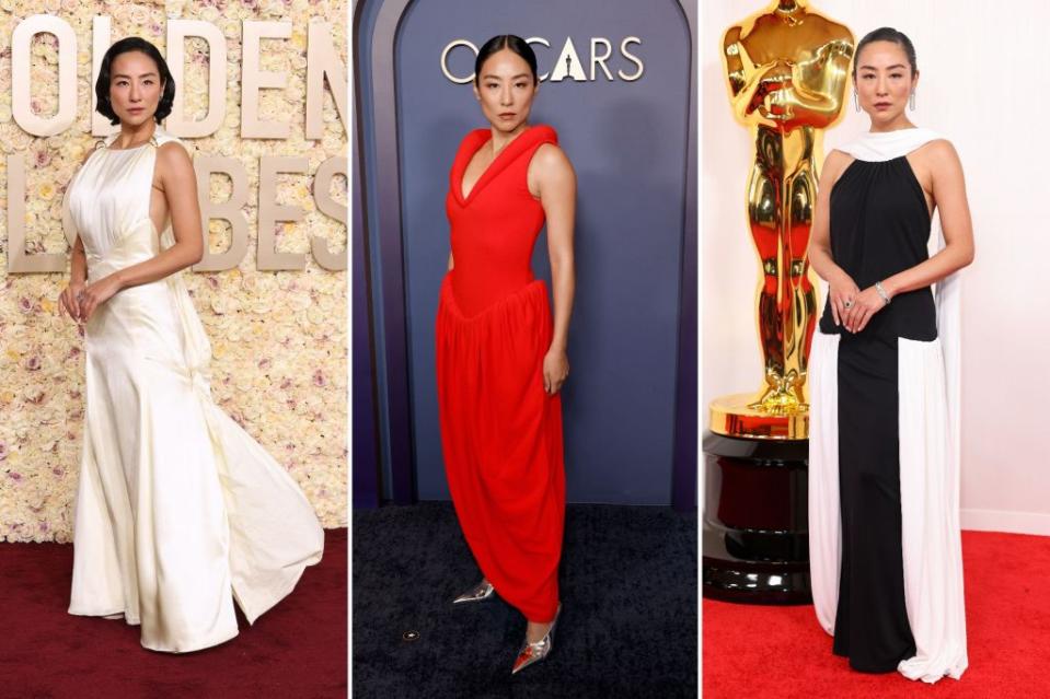 FROM LEFT: Lee wears Loewe to the Golden Globes (left) and the Oscars (right); Lee wears Bottega Veneta to the Governors Awards (center). Images: Getty