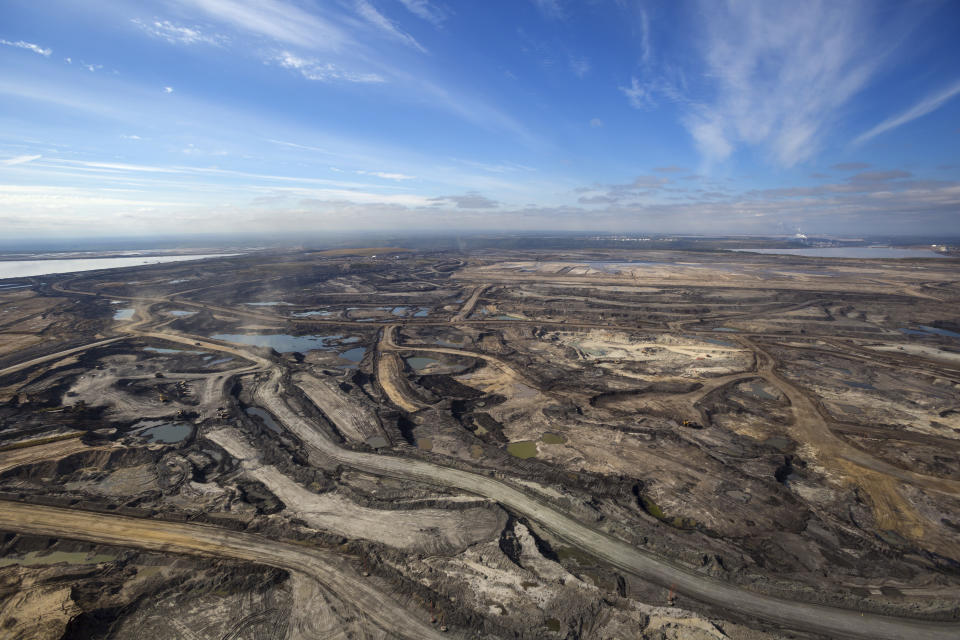 Expansive aerial view of a pit mining project in Alberta's Oilsands near Fort McMurray.