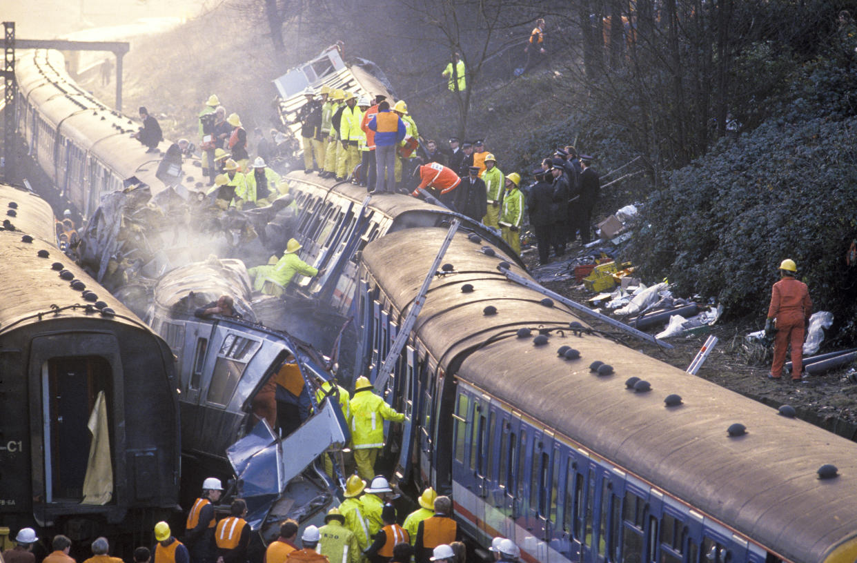 The Clapham rail disater which claimed the lives of thirty-five people and five hundred injured, making the crash one of the worst in the UK in recent times involving two collisions between three commuter trains at 08:10 on the morning of Monday, 12 December 1988. (Photo by In Pictures Ltd./Corbis via Getty Images)