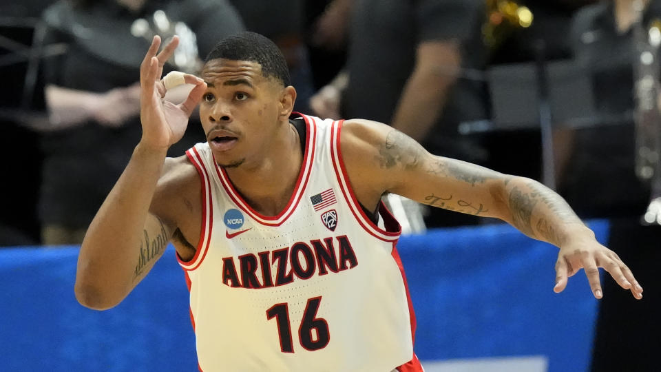 Arizona forward Keshad Johnson (16) celebrates after making a 3-pointer against Long Beach State during the first half of a first-round college basketball game in the NCAA Tournament in Salt Lake City, Thursday, March 21, 2024. (AP Photo/Rick Bowmer)