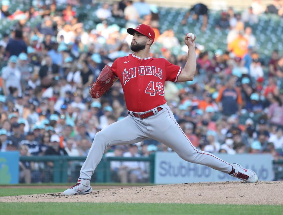 Los Angeles Angels starter Patrick Sandoval (43) pitches against the Detroit Tigers during first-inning action at Comerica Park in Detroit on Friday, Aug. 19, 2022.
