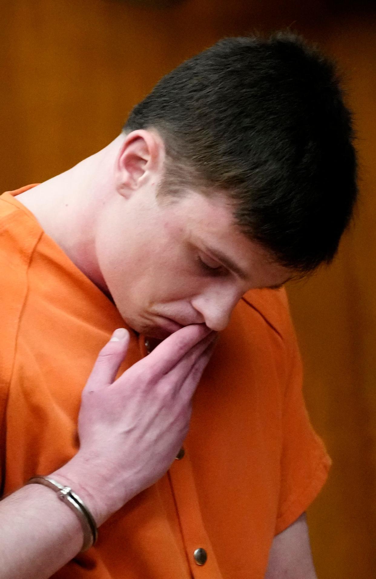 Pawel Sliwinski pauses while giving what Judge James Sattely later called a remorseful statement at the Bergen County Courthouse in Hackensack on Monday, April 15, 2024. Sliwinski was sentenced to seven years after previously pleading guilty to first-degree kidnapping and other charges.