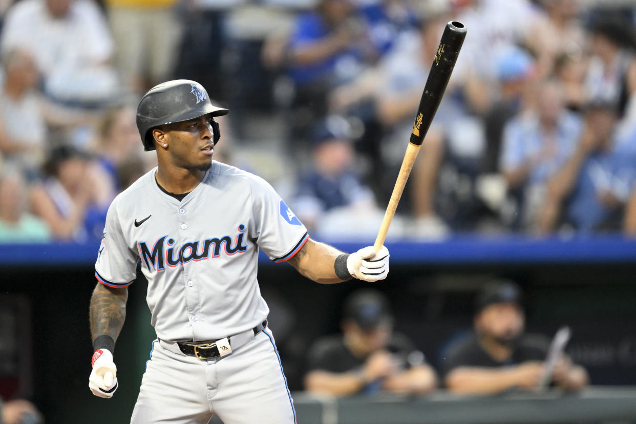 KANSAS CITY, MISSOURI - JUNE 24: Tim Anderson of the Miami Marlins at bat against the Kansas City Royals in the sixth inning at Kauffman Stadium on June 24, 2024 in Kansas City, Missouri. (Photo by Reed Hoffmann/Getty Images)