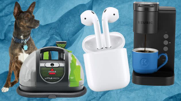 A Bissell Little Green carpet cleaner, Apple AirPods and a Keurig Express coffee maker