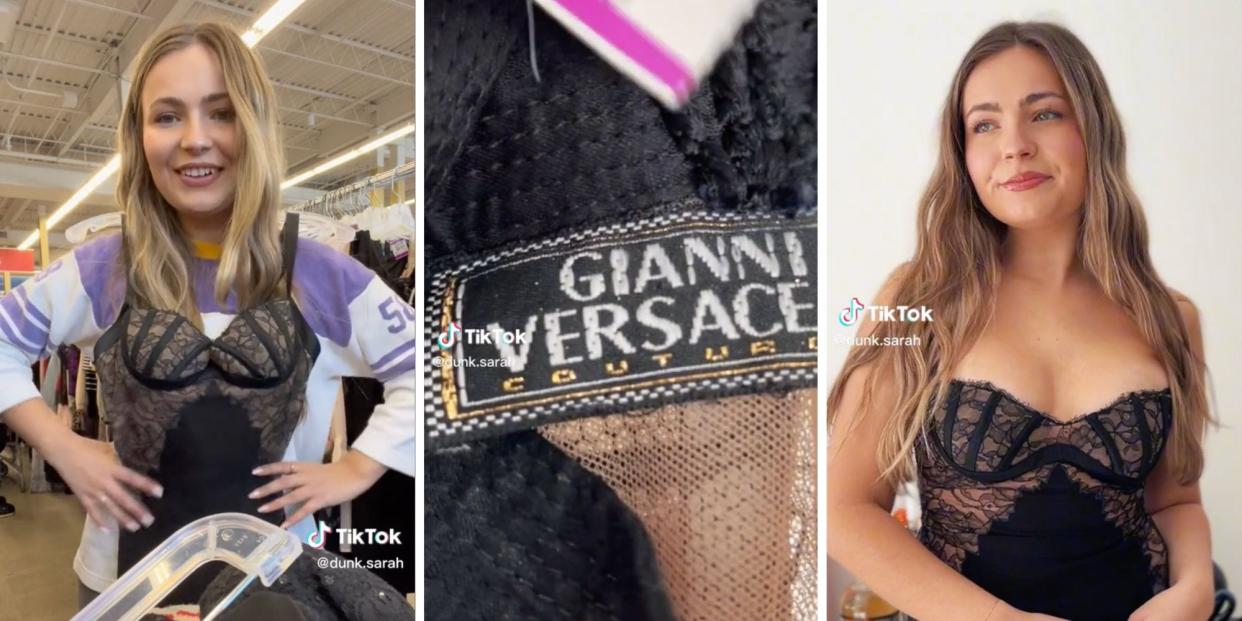 A TikToker hold a Versace dress, alongside a close-up of the label, and an image of her wearing it.