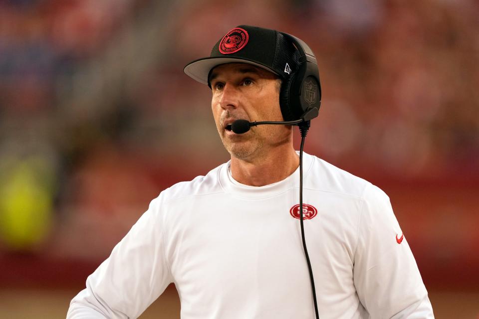 Head coach Kyle Shanahan of the San Francisco 49ers looks on during the third quarter against the Detroit Lions in the NFC Championship Game at Levi's Stadium on January 28, 2024 in Santa Clara, California.