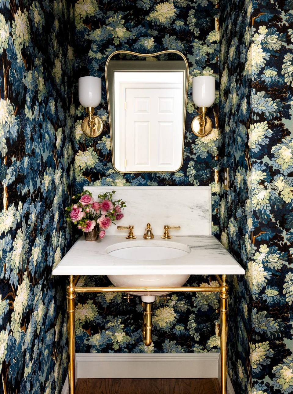 powder room in a portland home featuring antoinette poisson print designed by heidi caillier design