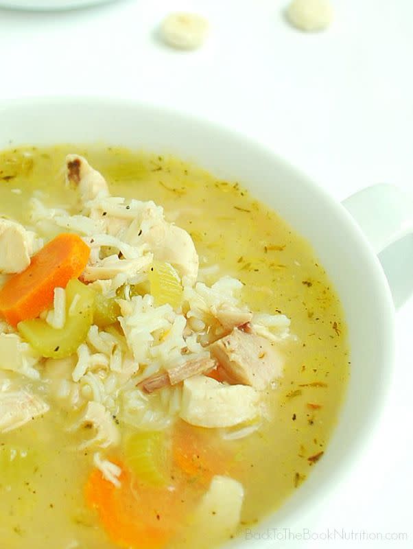 <p>This 20-minutes soup is the perfect rainy day meal. Get the recipe <a href="http://www.backtothebooknutrition.com/rotisserie-chicken-rice-soup/" rel="nofollow noopener" target="_blank" data-ylk="slk:HERE;elm:context_link;itc:0;sec:content-canvas" class="link "><strong>HERE</strong></a>.</p>