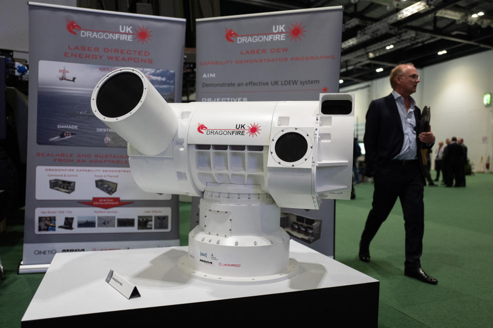 LONDON, ENGLAND - SEPTEMBER 10: A UK Dragonfire laser directed energy weapon system is seen on day one of the DSEI arms fair at ExCel on September 10, 2019 in London, England. The biennial Defence and Security Equipment International (DSEI) is the world's largest arms fair and is held in London's Docklands area.  (Photo by Leon Neal/Getty Images)