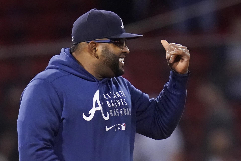 Atlanta Braves' Pablo Sandoval smiles after defeating the Boston Red Sox in a baseball game at Fenway Park, Tuesday, May 25, 2021, in Boston. Sandoval had three singles in the 3-1 win. (AP Photo/Charles Krupa)