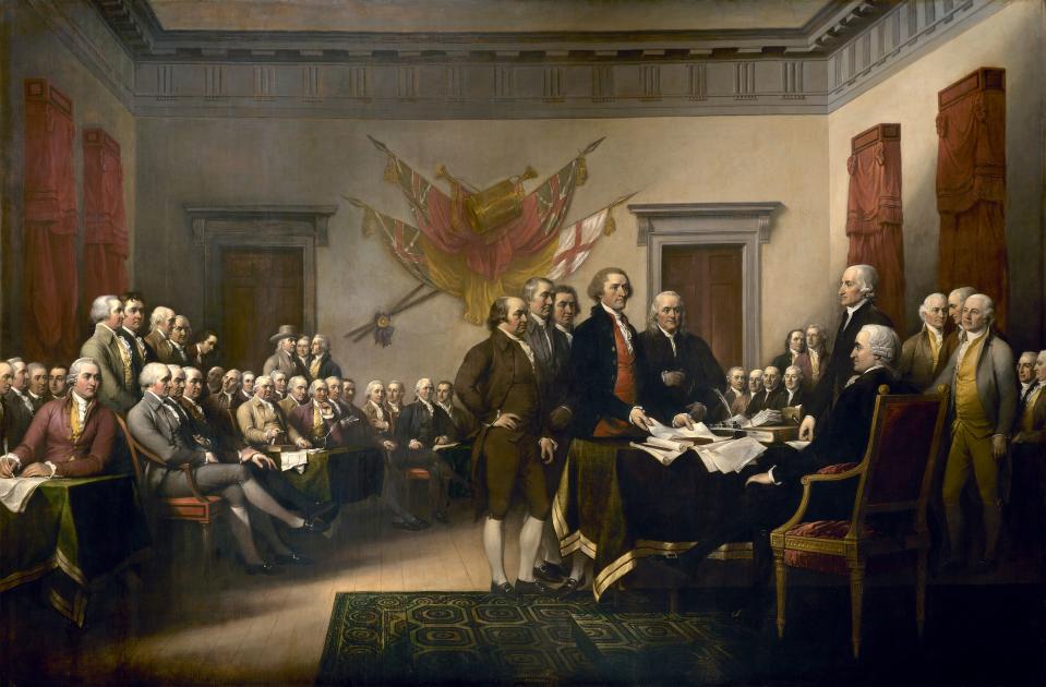 John Trumbull paints the signing of the Declaration of Independence.