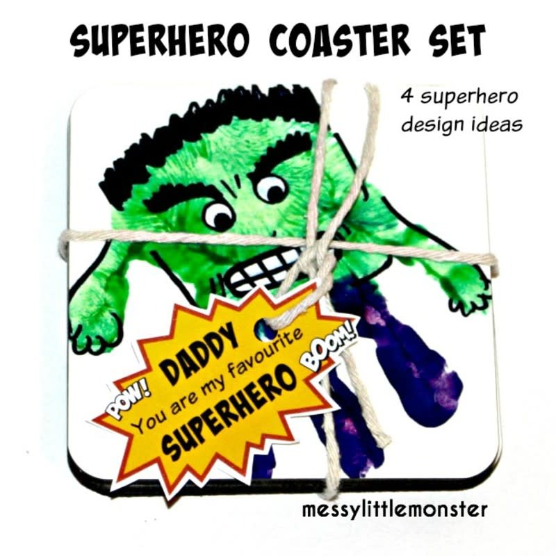 <p>Messy Little Monster</p><p>For the superhero in your life, <a href="https://www.messylittlemonster.com/2015/06/Superhero-handprint-coasters-truprintdads.html" rel="nofollow noopener" target="_blank" data-ylk="slk:Messy Little Monster;elm:context_link;itc:0;sec:content-canvas" class="link ">Messy Little Monster</a> has a fun craft idea for the toddler or preschooler who wants to show dad just how super he is!</p>