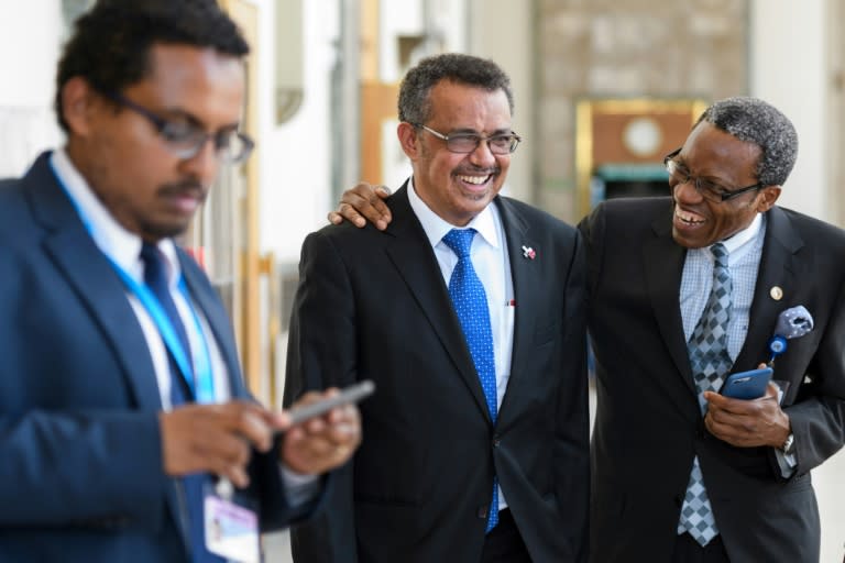 Ethiopia's Tedros Adhanom, centre, after addressing delegates at the World Health Organization assembly in Geneva on Tuesday