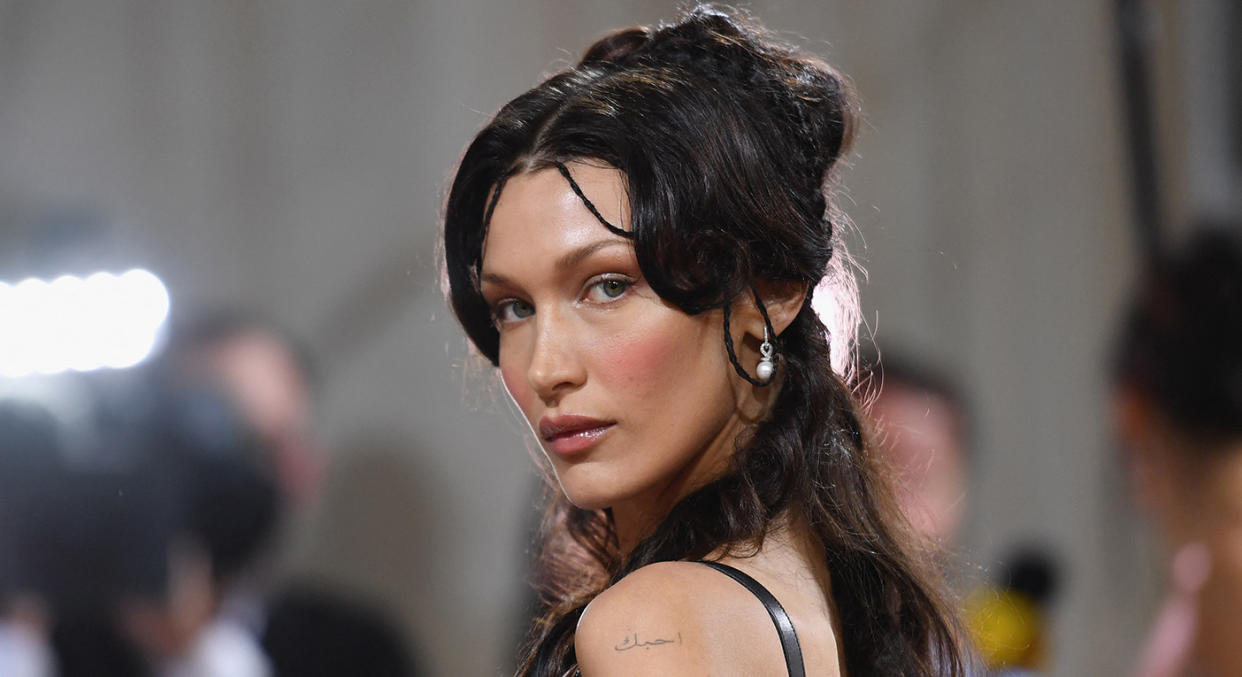 Bella Hadid’s lingerie after party look was a continuation of the Met Gala theme. (Getty Images)