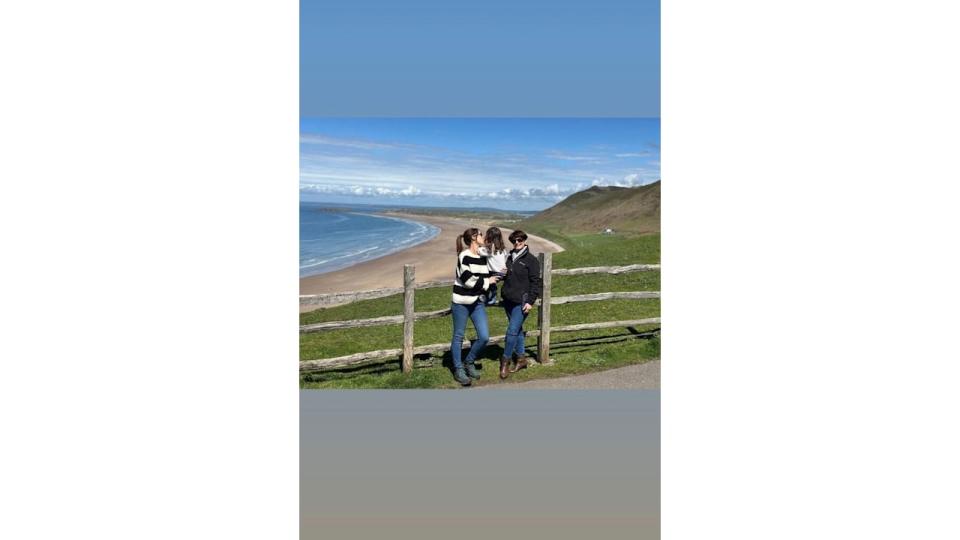 Alex Jones and her mum by the beach with two-year-old Annie