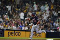Washington Nationals' Alex Call reacts after hitting a two-run home run during the ninth inning of a baseball game against the San Diego Padres, Friday, Aug. 19, 2022, in San Diego. (AP Photo/Gregory Bull)
