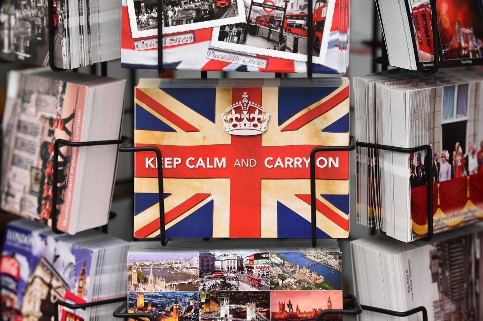 A postcards are seen at a souvenir shop on Westminster Bridge in London on January 31, 2020 on the day that the UK formally leaves the European Union. - Britain on January 31 ends almost half a century of integration with its closest neighbours and leaves the European Union, starting a new -- but still uncertain -- chapter in its long history. (Photo by Glyn KIRK / AFP) (Photo by GLYN KIRK/AFP via Getty Images)