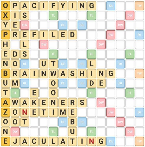 Scrabble game board showing a variety of words with high-scoring placements