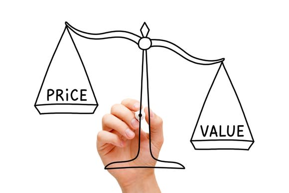 A hand drawing a scale with value outweighing price.