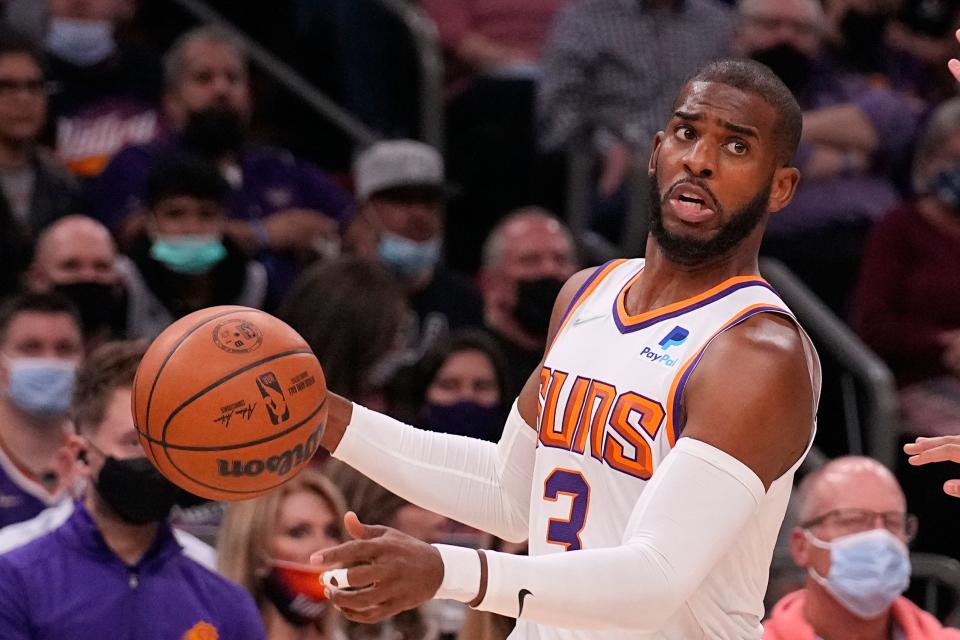 Dec 6, 2021; Phoenix, Arizona, USA; Phoenix Suns guard Chris Paul (3) drives against the San Antonio Spurs at Footprint Center. Mandatory Credit: Rick Scuteri-USA TODAY Sports