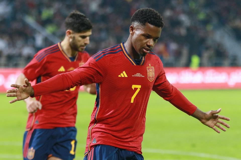 Ansu Fati celebrates after opening the scoring for Spain against Jordan (afp/AFP via Getty Images)