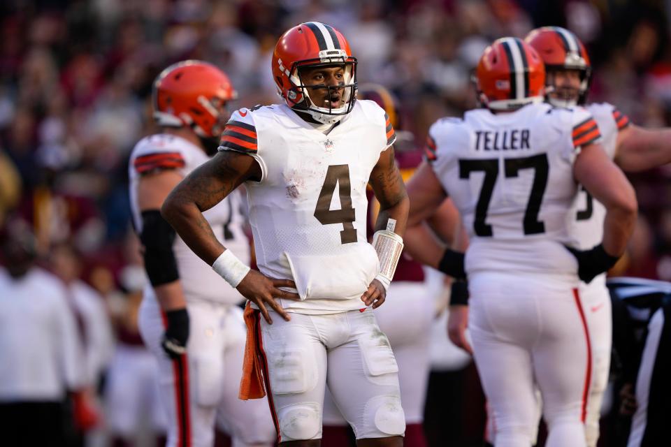 Cleveland Browns quarterback Deshaun Watson (4) waits for the play call during the second half of an NFL football game against the Washington Commanders, Sunday, Jan. 1, 2023, in Landover, Md. (AP Photo/Susan Walsh)