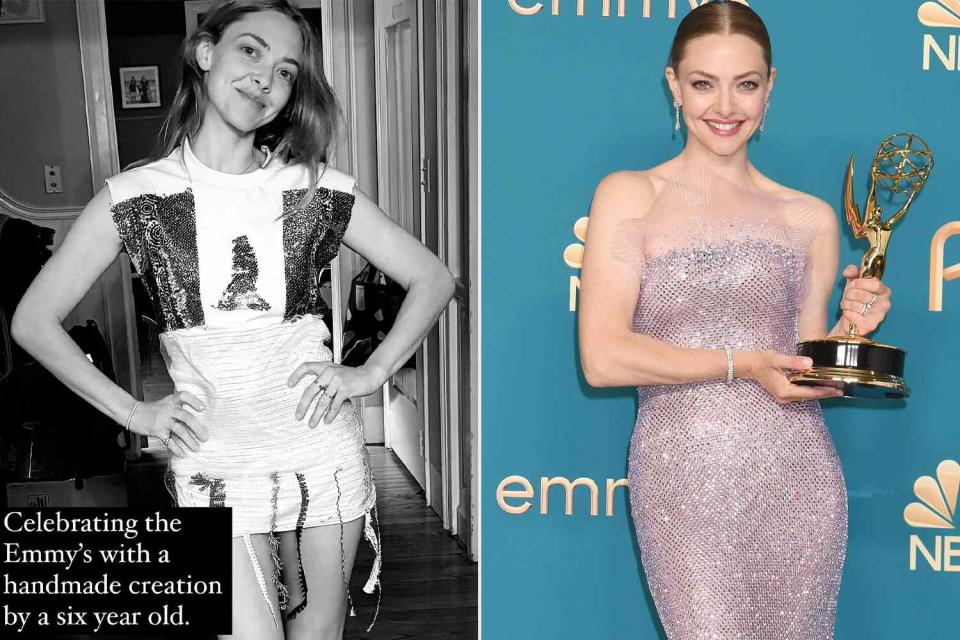 <p>Amanda Seyfried/ Instagram; Gilbert Flores/Variety via Getty</p> Amanda Seyfried this year and at the 2022 Emmy Awards