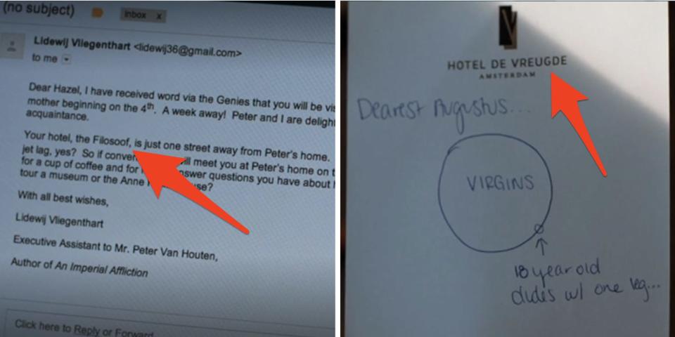 Side-by-side examples of different names of the hotel Hazel and Augustus stayed at in Amsterdam.