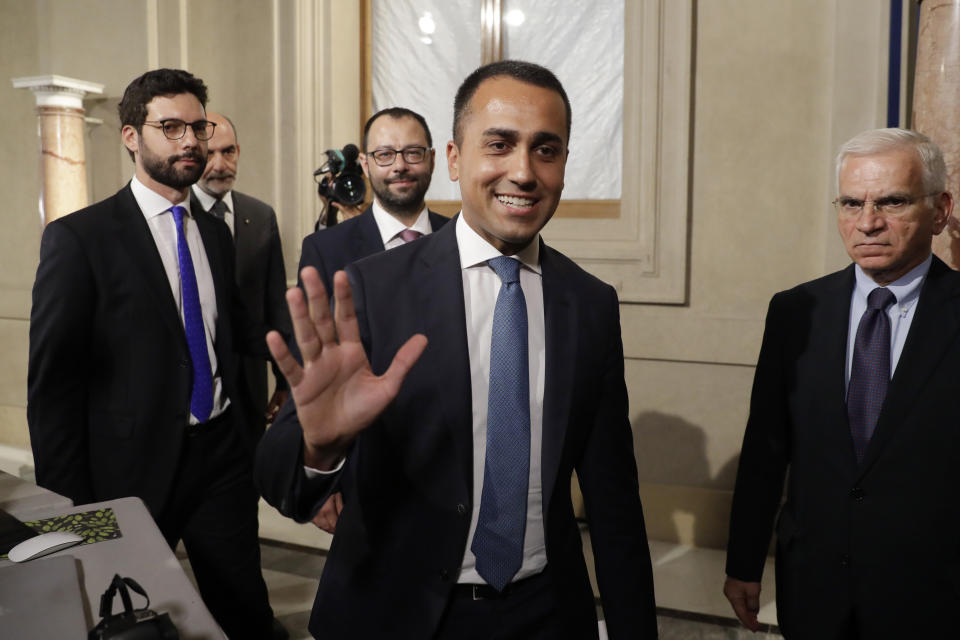 Leader of Five-Star Movement, Luigi Di Maio, leaves after meeting with Italian President Sergio Mattarella at Rome's Quirinale presidential palace, Wednesday, Aug. 28, 2019. Mattarella continued receiving political leaders to explore if a solid majority with staying power exists in Parliament for a new government that could win the required confidence vote. (AP Photo/Andrew Medichini)