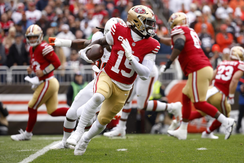 Deebo Samuel left on just the third drive of the game for San Francisco with an apparent shoulder injury.