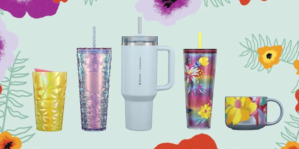 Starbucks' Mother's Day merch. Pictured are the 12 ounce yellow prism luster tumbler, the 24 ounce purple prism cold cup, the 40 ounce sky blue Stanley quencher, the 24 ounce exotic plants cold cup and the 14 ounce exotic flowers mug.