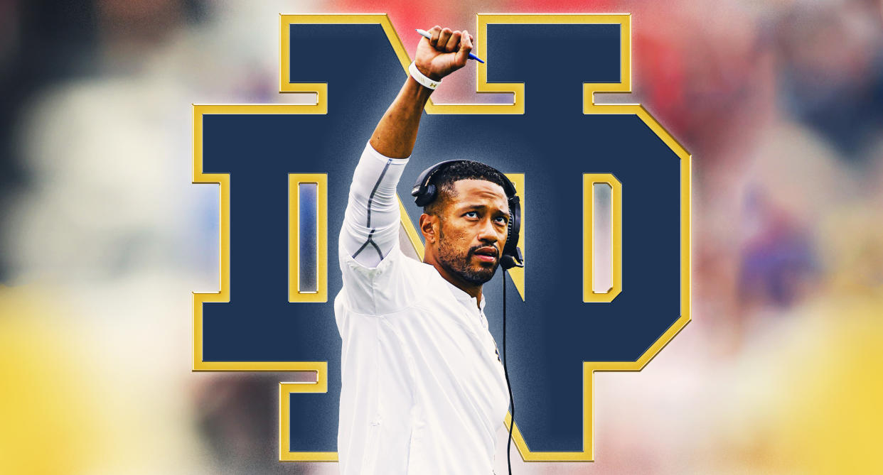 Marcus Freeman will begin his Notre Dame head coaching career on Thursday at the Fiesta Bowl when the Fighting Irish face Oklahoma State. (Erick Parra Monroy/Yahoo Sports)  