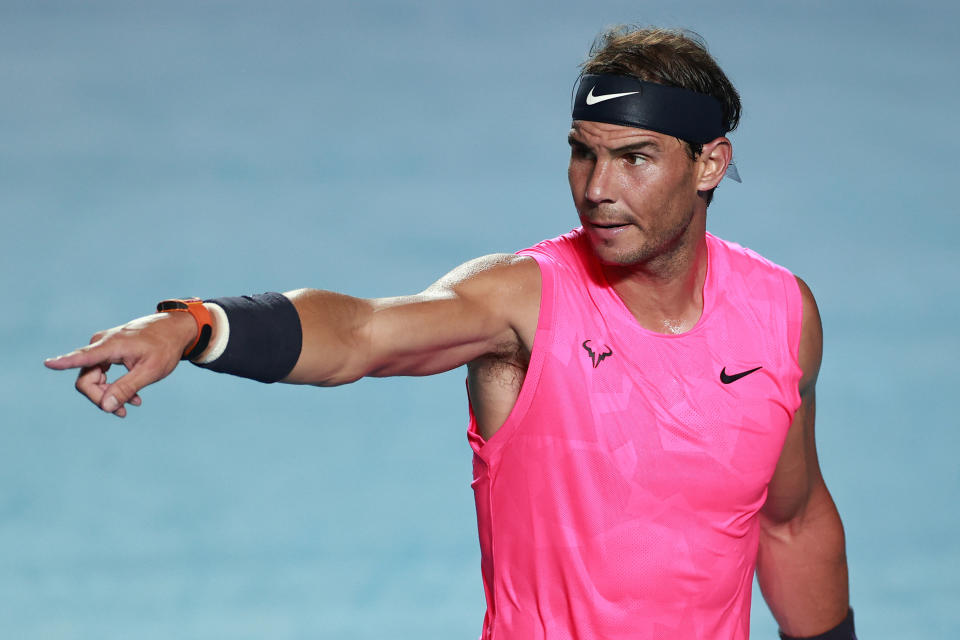 Rafael Nadal of Spain gestures during the singles match against Taylor Fritz of the United States 