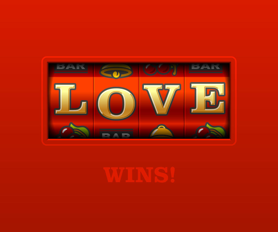 Slot machine display showing "LOVE" with symbols like cherries, bell, and bar. "WINS!" text is at the bottom