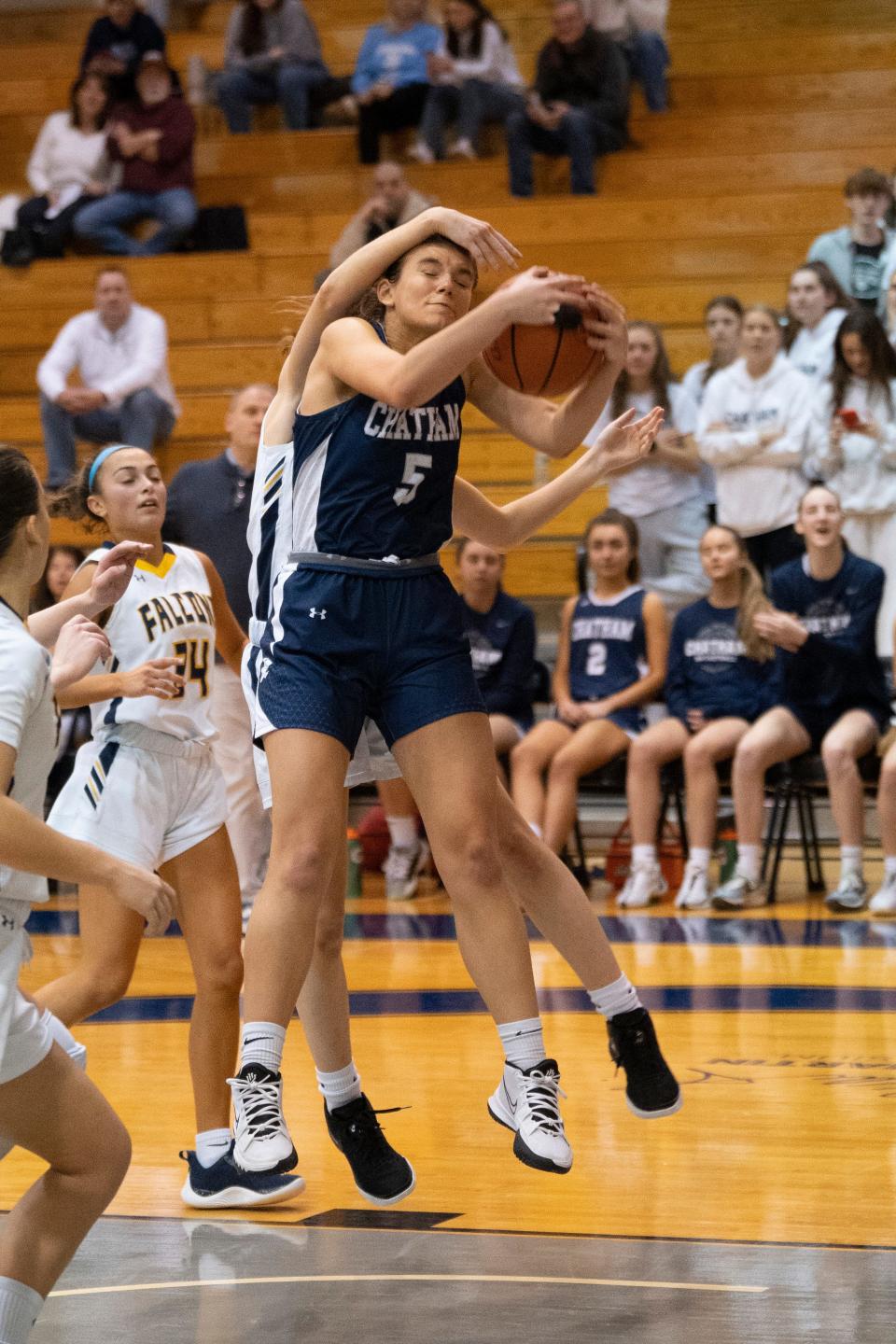 Feb 9, 2024; Randolph, NJ, USA; Chatham vs. Jefferson in a Morris County Tournament girls basketball semifinal game at the County College of Morris. C #5 Arden Alvarez grabs a rebound.