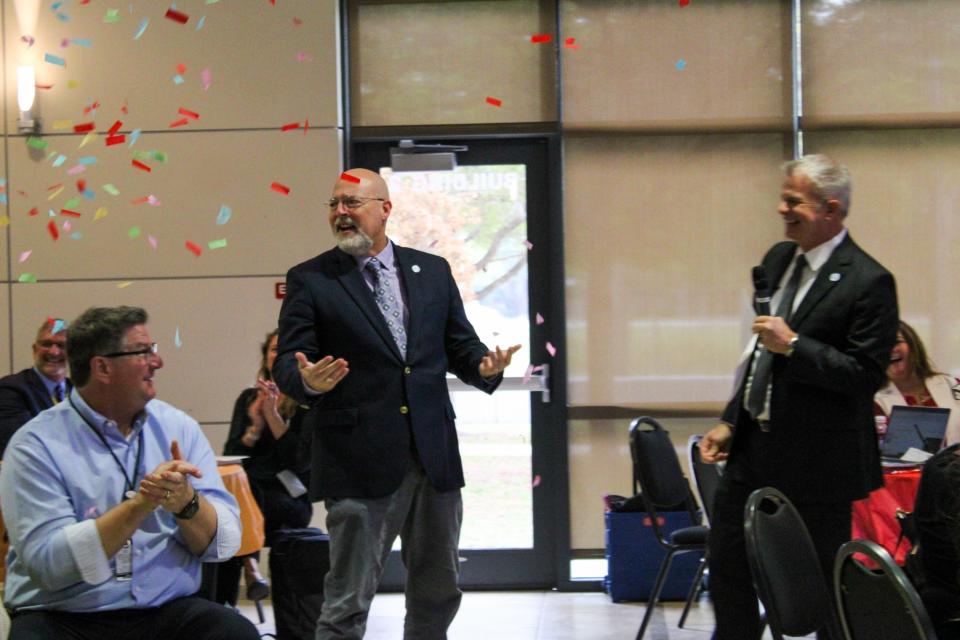 Pine View School principal Stephen Covert reacts to the announcement of his 2023 Principal of the Year award.