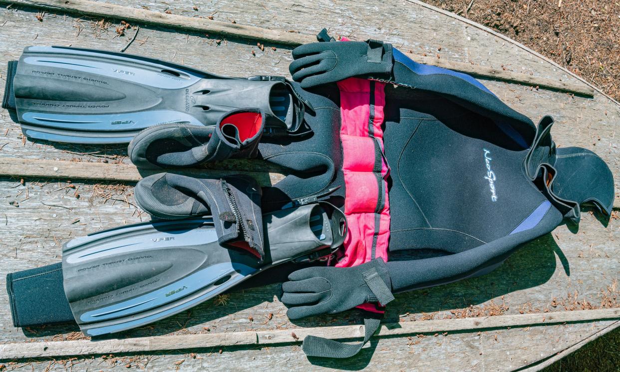 Gear is laid out for a swim in the 40-degree waters of Clear Lake in Willamette National Forest.