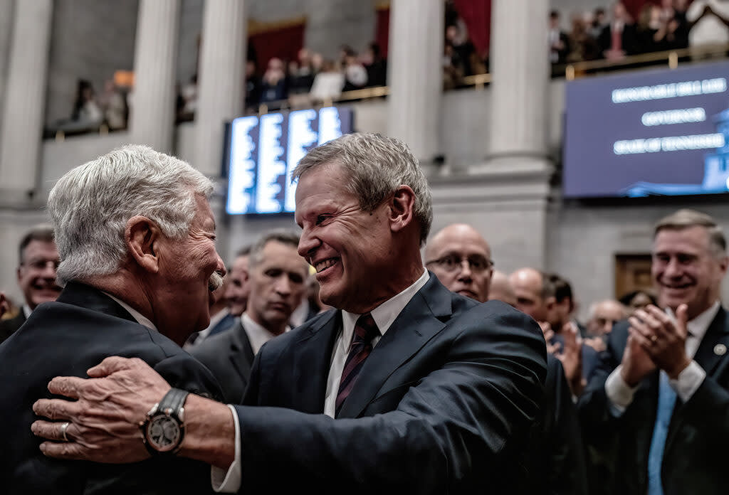 Tennessee Governor Bill Lee enters the House chambers and greets Lt. Gov. Randy McNally for Lee's sixth State of the State address. (Photo: John Partipilo)