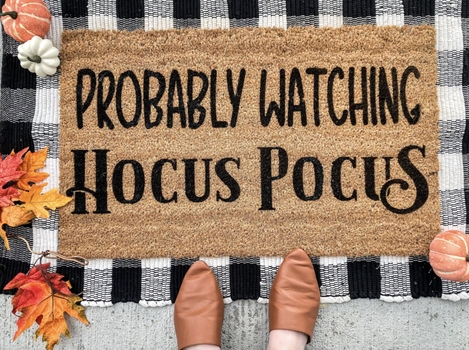 Probably Watching Hocus Pocus Doormat over black and white checkered mat