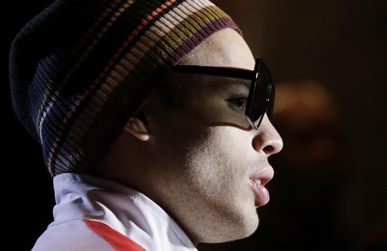 Julio Cesar Chavez Jr. speaks with the media during a news conference, Wednesday, May 3, 2017, in Las Vegas. Chavez Jr. is scheduled to fight Canelo Alvarez in a 164.5 pound catch weight boxing match Saturday in Las Vegas. (AP Photo/John Locher)