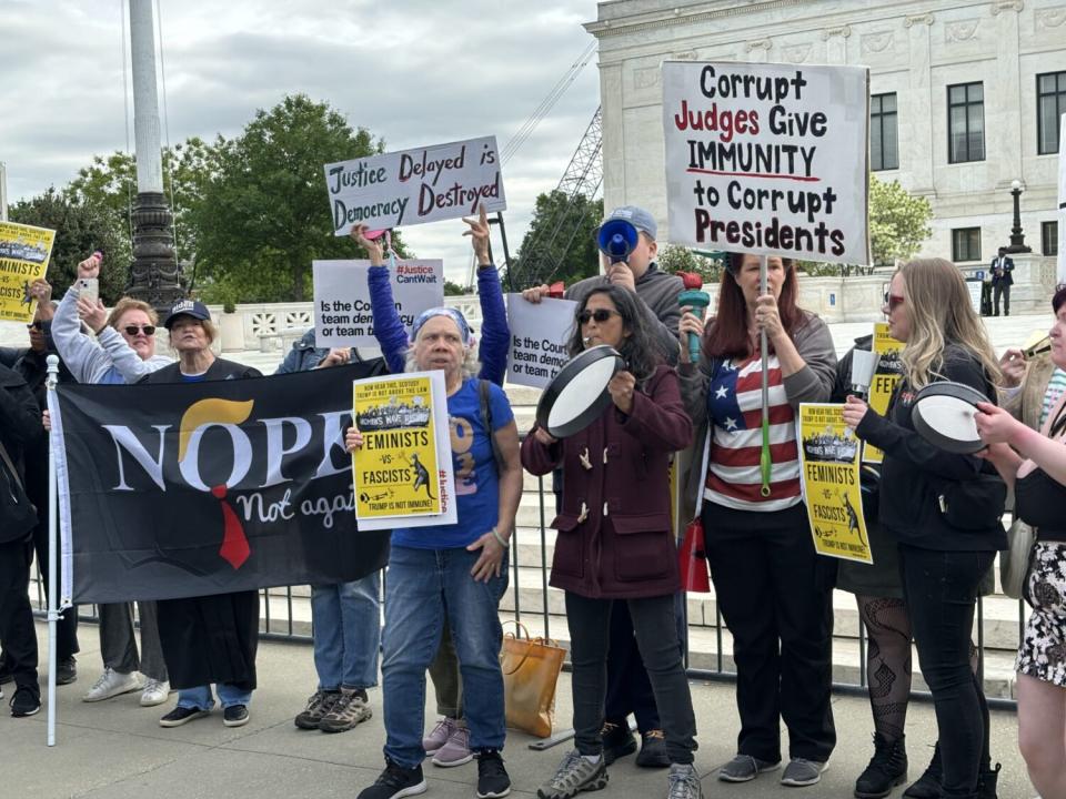 Anti-Trump protesters outside the U.S. Supreme Court sing and chant on April 25, 2024. (Jane Norman/States Newsroom)