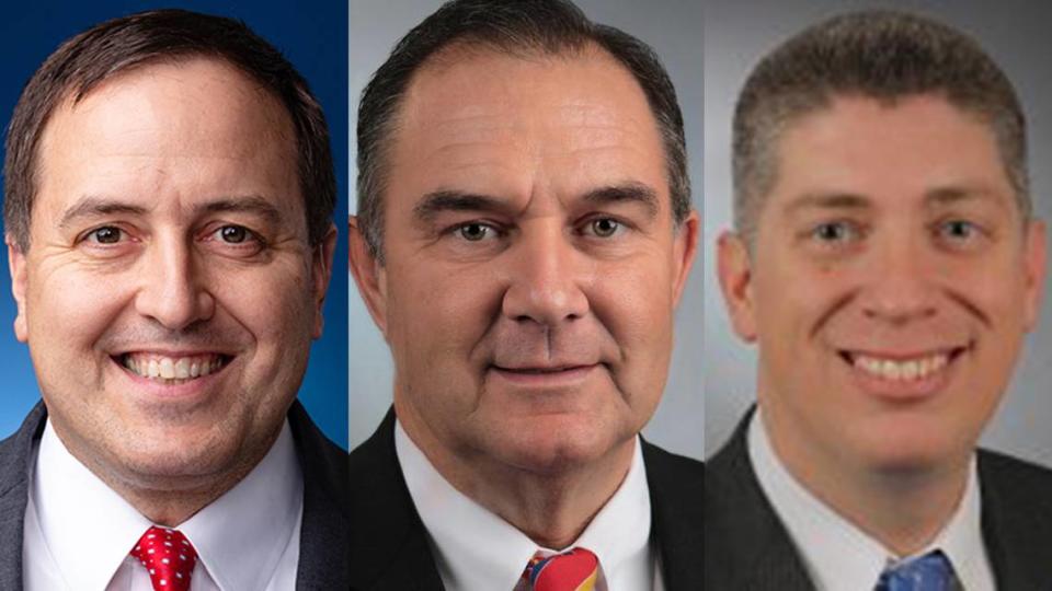 Missouri Secretary of State Jay Ashcroft, left; Lt. Gov. Mike Kehoe, center, and state Sen. Bill Eigel are three declared or likely candidates for governor. The early positioning comes as Republicans begin to contemplate the future after Gov. Mike Parson terms out of office in January 2025.