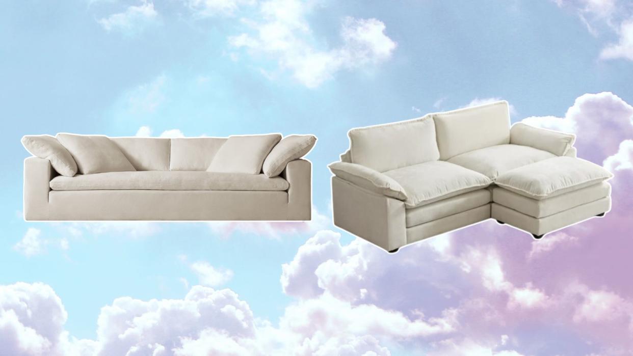  The Cloud Couch dupe (right) in white next to the original on a cloudy pink and blue sky background. 