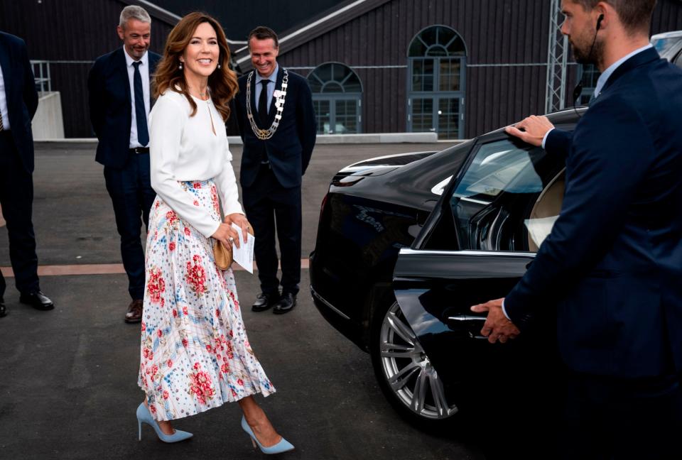 Crown Princess Mary of Denmark is seen attending the opening of the designer museum Holmegaard Vaerk in Naestved some 75km south of the Danish capital Copenhagen on June 8, 2020. (Photo by Niels Christian Vilmann / Ritzau Scanpix / AFP) / Denmark OUT (Photo by NIELS CHRISTIAN VILMANN/Ritzau Scanpix/AFP via Getty Images)