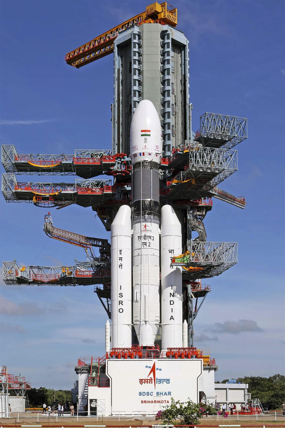 This photograph released by the Indian Space Research Organization (ISRO) shows India's heaviest rocket prepared ahead of the launch from the Satish Dhawan Space Center in Sriharikota, India, Saturday, Oct. 15, 2022. India launched 36 private internet satellites on early Sunday, stepping in to keep the orbital constellation growing after a monthslong interruption related to the war in Ukraine. (Indian Space Research Organization via AP)