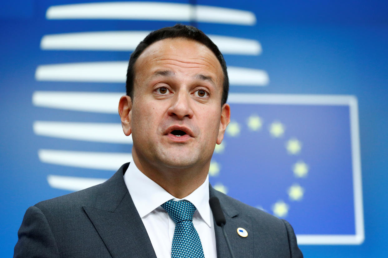 Ireland's Prime Minister (Taoiseach) Leo Varadkar speaks during a joint news conference with European Commission President Jean-Claude Juncker, European Council President Donald Tusk and European Union's chief Brexit negotiator Michel Barnier at the European Union leaders summit, in Brussels, Belgium October 17, 2019. REUTERS/Francois Lenoir