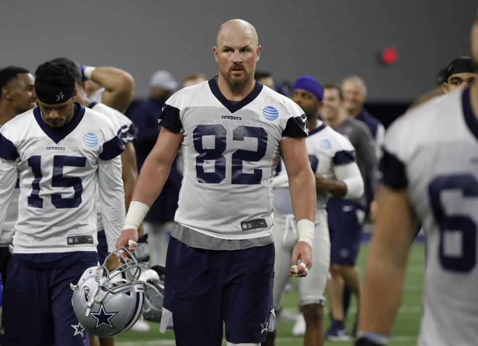 Dallas Cowboys tight end Jason Witten walks off the field after drills at the team's NFL football training facility in Frisco, Texas, Tuesday, June 11, 2019.